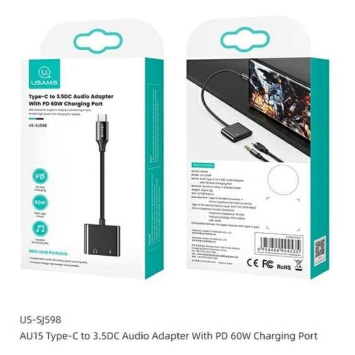 USAMS - USAMS USB-C till Ljudadapter PD 60W - Svart