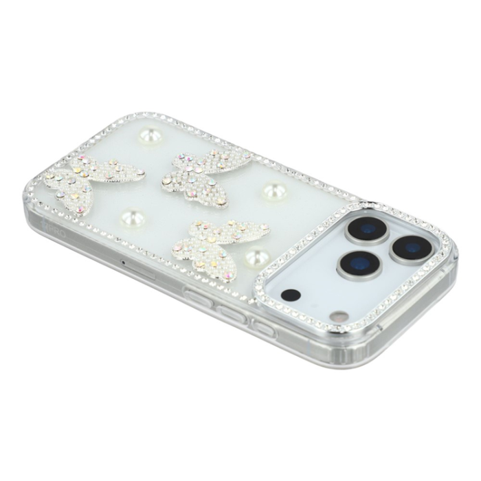 A-One Brand - iPhone 17 Pro Max Mobilskal Rhinestone Edge Pearl Butterfly