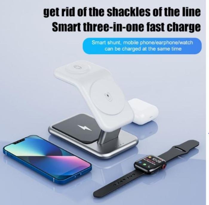 A-One Brand - 3-in-1 Trådlös Laddare Magsafe iPhone, Apple Watch, Airpods 15W - Vit