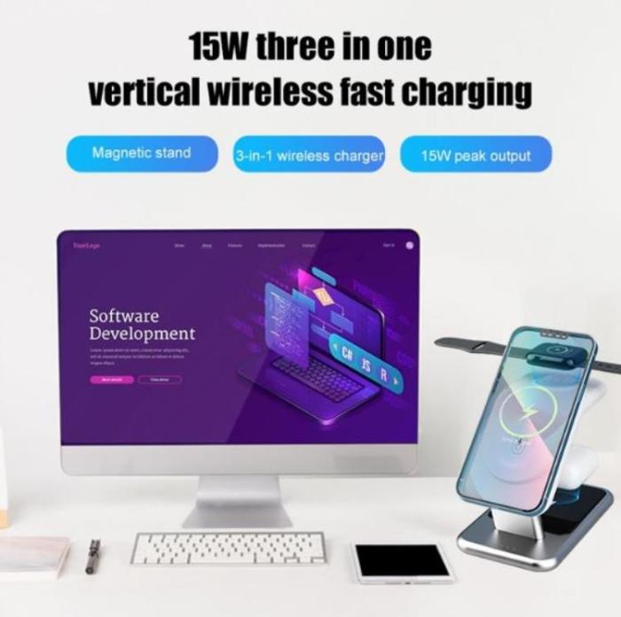 A-One Brand - 3-in-1 Trådlös Laddare Magsafe iPhone, Apple Watch, Airpods 15W - Vit