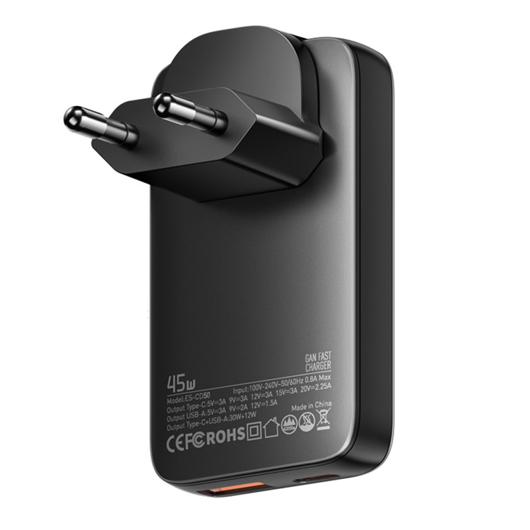 ESSAGER GaN Snabbladdare 45W USB-C - USB-A ES-CD50 EU - Svart | 505295 | AlltMobil