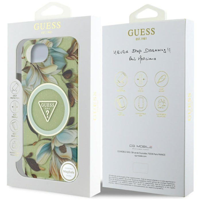 Guess - Guess iPhone 16e Mobilskal Magsafe Glitter Flower - Grön
