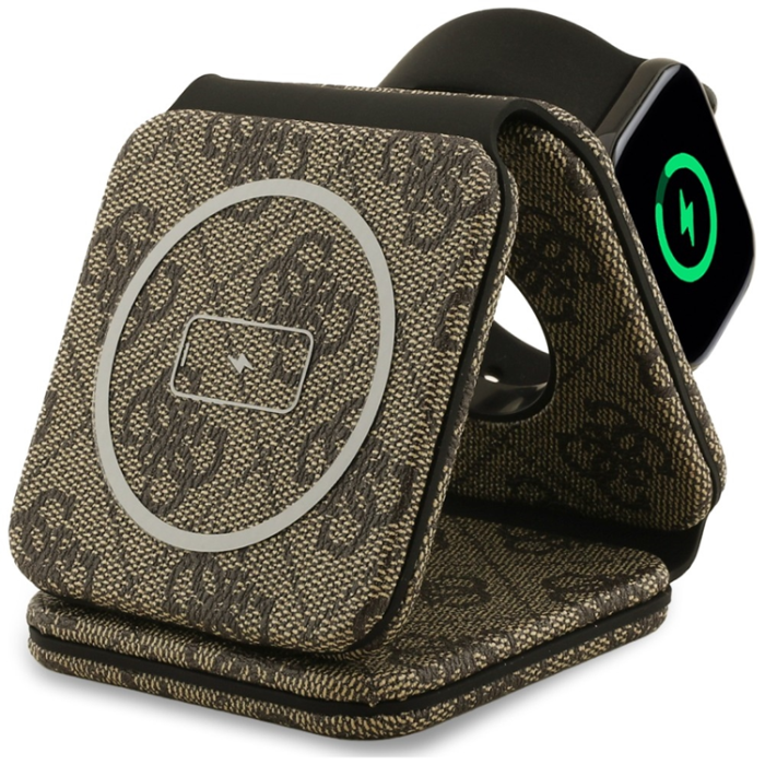 Guess - Guess 3in1 MagSafe Trådlös Laddare 15W iPhone Apple Watch Airpods 4G - Brun