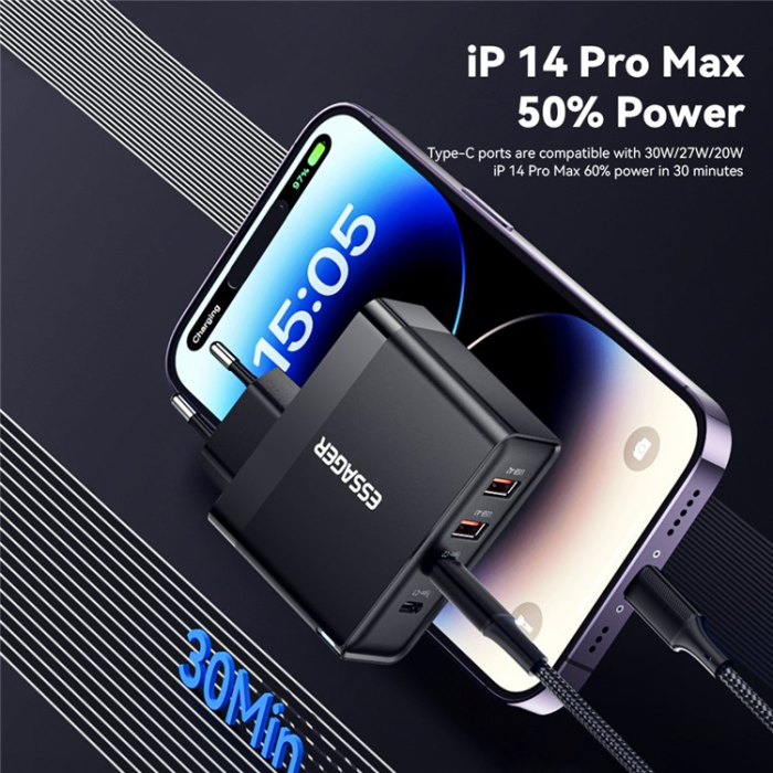 ESSAGER - ESSAGER Väggladdare 100W 2x USB-C - 2x USB-A ES-CD37 US Svart