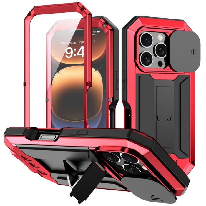 R-JUST - R-JUST Mobilskal till iPhone 16 Pro Kickstand Silicone+Metal+PC Röd