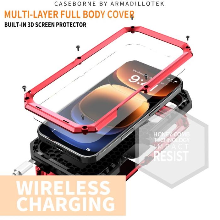 R-JUST - R-JUST Mobilskal till iPhone 16 Pro Kickstand Silicone+Metal+PC Röd