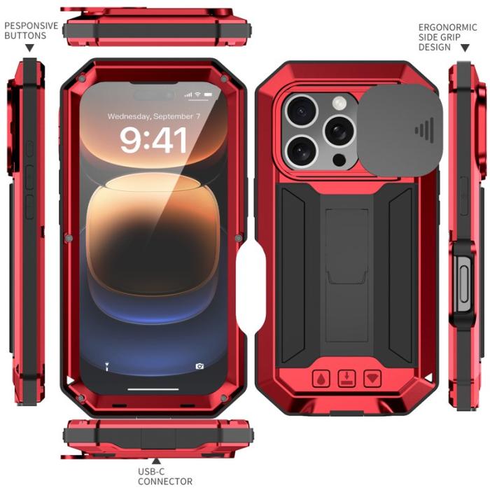R-JUST - R-JUST Mobilskal till iPhone 16 Pro Kickstand Silicone+Metal+PC Röd