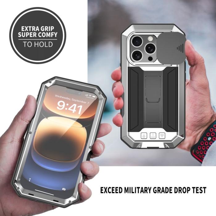 R-JUST - R-JUST Mobilskal till iPhone 16 Pro Kickstand Silicone+Metal+PC Silver