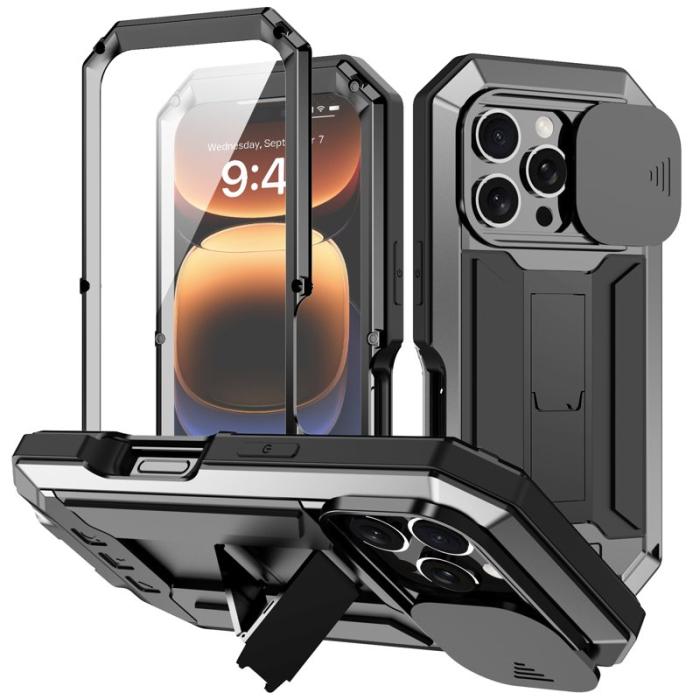 R-JUST - R-JUST Mobilskal till iPhone 16 Pro Kickstand Silicone+Metal+PC Svart
