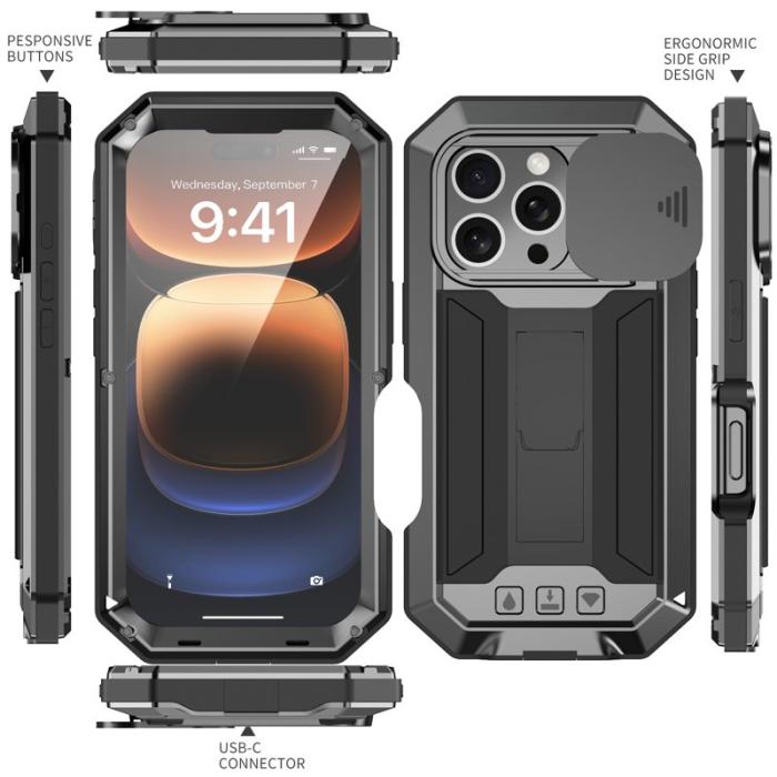 R-JUST - R-JUST Mobilskal till iPhone 16 Pro Kickstand Silicone+Metal+PC Svart
