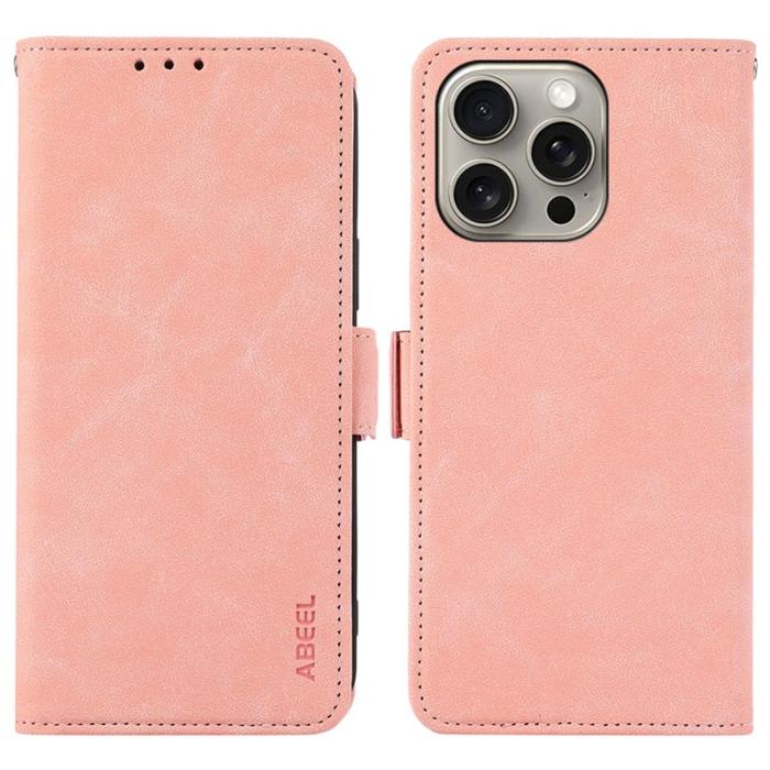 ABEEL - ABEEL iPhone 13 Pro Plånboksfodral Konstläder med Magnetlås RFID-Skydd - Rosa
