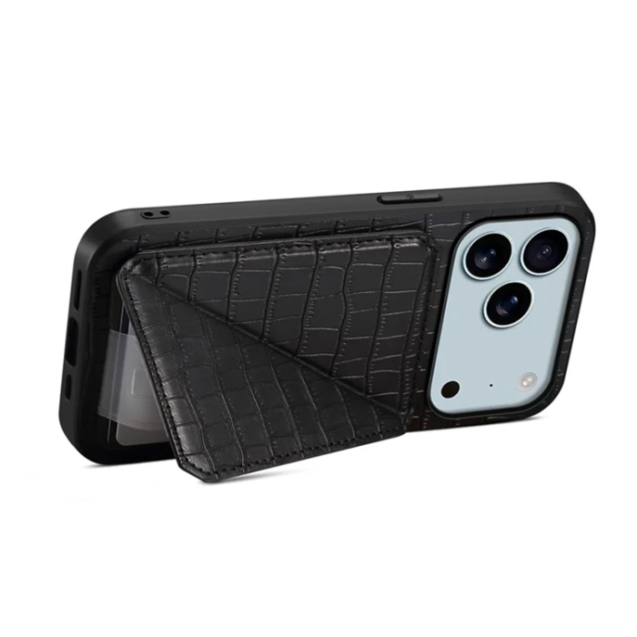 A-One Brand - iPhone 17 Pro Max Mobilskal Korthållare Crocodile Textured - Svart