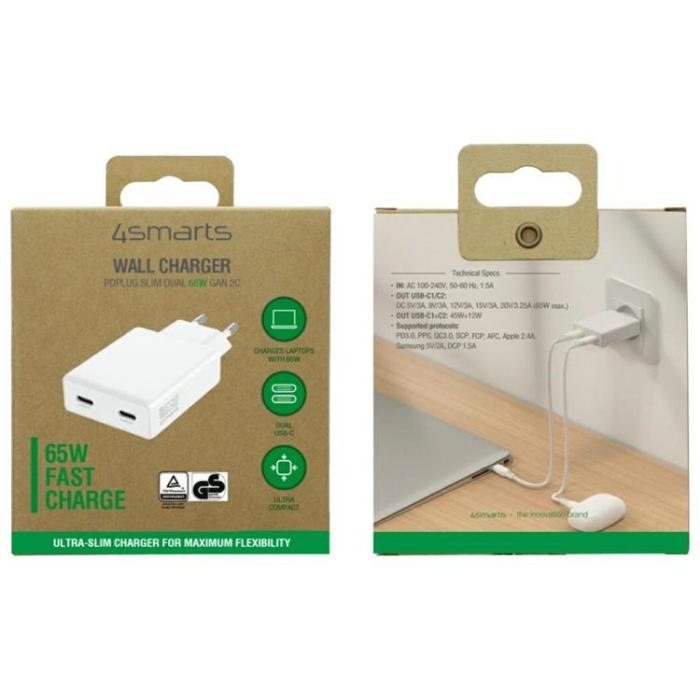 4smarts - 4smarts Snabbladdare 65W 2xUSB-C PDPlug Slim Dual - Vit