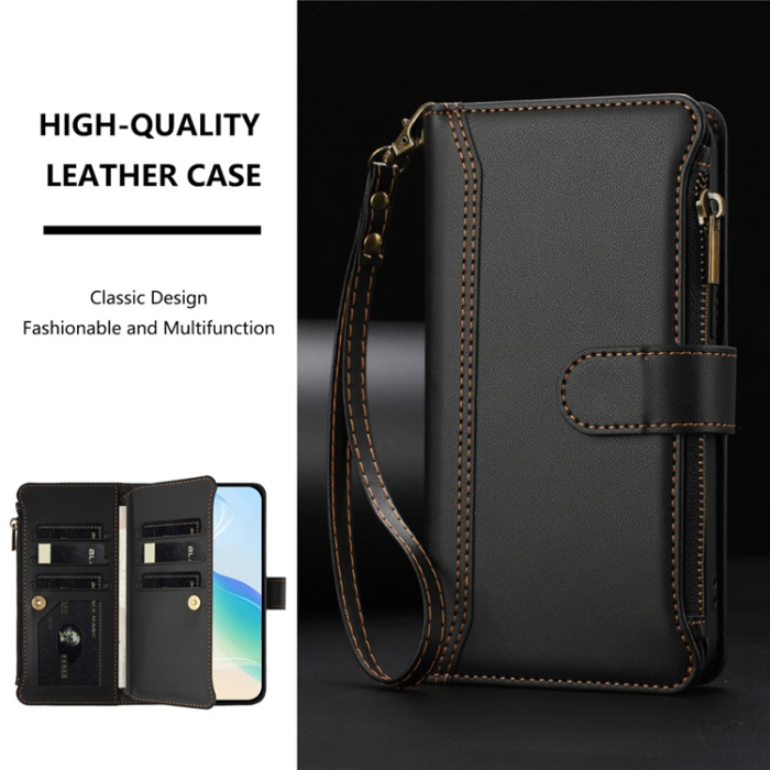 A-One Brand - iPhone 17 Pro Plånboksfodral Zipper Med Rem - Svart
