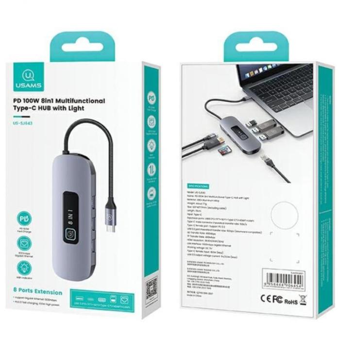 USAMS - USAMS 8in1 Hubb 100W 3xUSB-A USB-C, HDMI, TF, SD, RJ45
