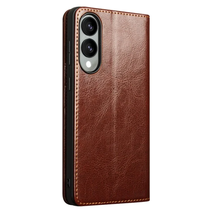 QIALINO - Qialino Galaxy S25 Edge Plånboksfodral Äkta Läder - Brun