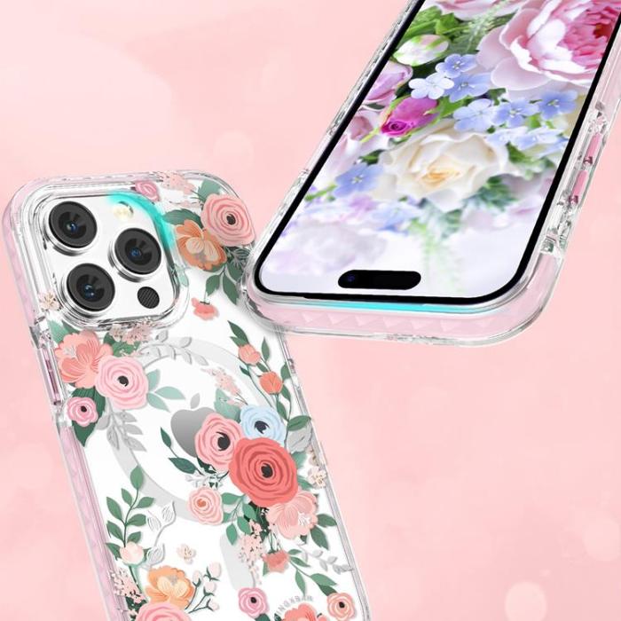 Kingxbar - Kingxbar iPhone 14 Skal Magsafe Flora - Rosa