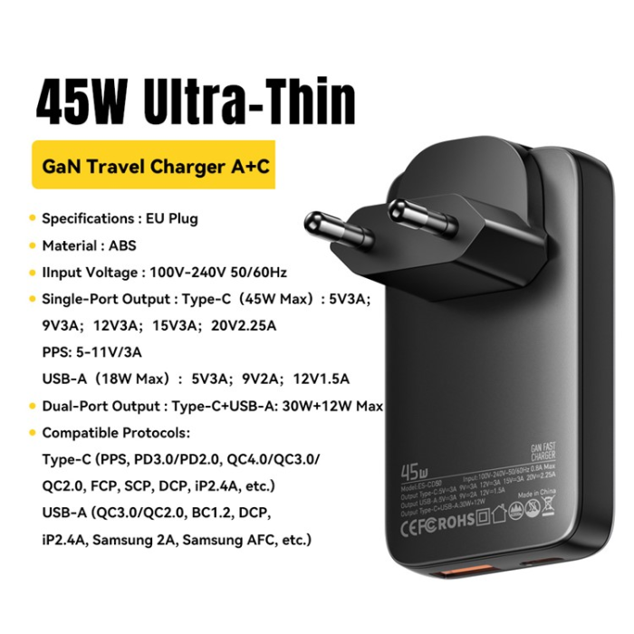 ESSAGER - ESSAGER GaN Snabbladdare 45W USB-C - USB-A ES-CD50 EU - Svart