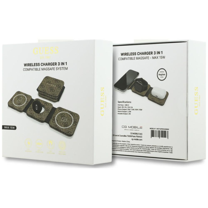 Guess - Guess 3in1 MagSafe Trådlös Laddare 15W iPhone Apple Watch Airpods 4G - Brun