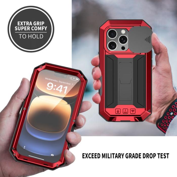 R-JUST - R-JUST Mobilskal till iPhone 16 Pro Max Kickstand Silicone Metal Röd