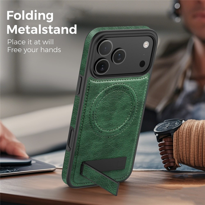 A-One Brand - iPhone 17 Pro Max Mobilskal MagSafe Kickstand Läder - Svartgrön