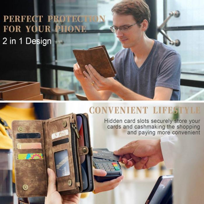 Caseme - CASEME 008 Series 2-in-1 Konstläder Plånboksfodral för iPhone 13 6.1 tum - Brun