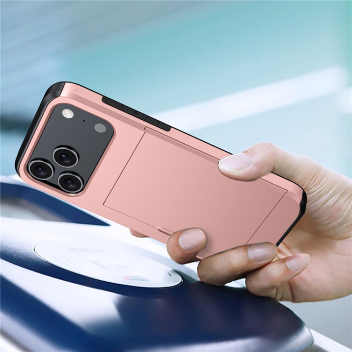 Amorus - AMORUS iPhone 17 Pro Mobilskal Med Glidande Korthållare - Roséguld