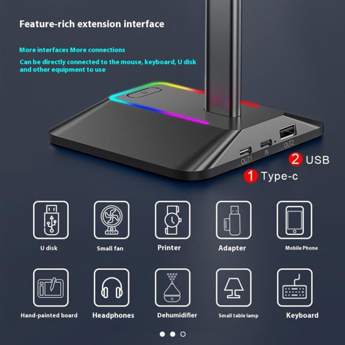 A-One Brand - NEW BEE RGB-Ljus Hörlursställ med USB, Typ-C Expansionshub Z8 - Svart