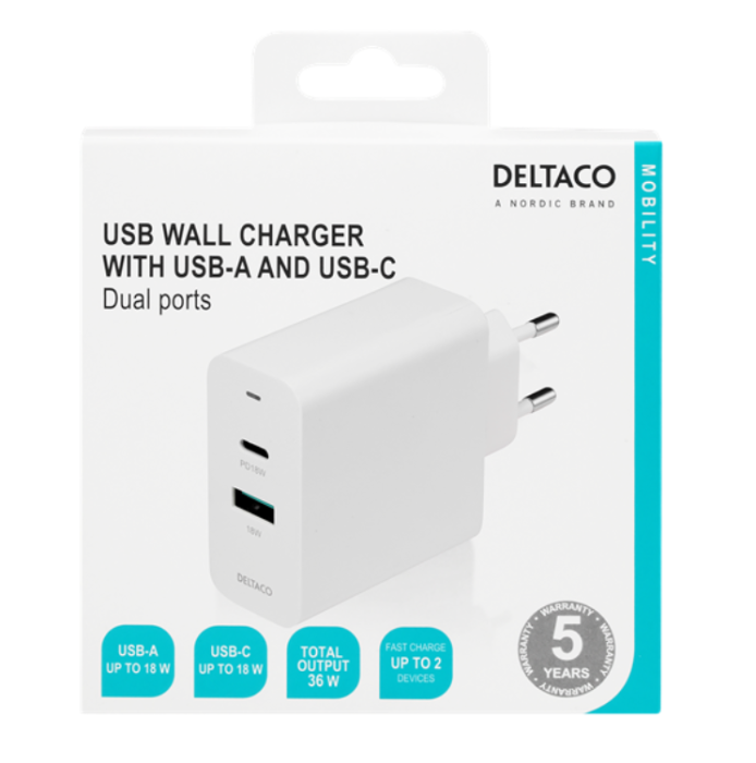 UTGATT1 - Deltaco PD Väggladdare USB Till USB-C 36 W - Vit