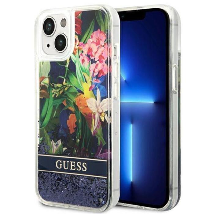 Guess - GUESS iPhone 14 Plus Skal Flower Liquid Glitter - Blå