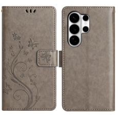 OEM - Samsung Galaxy S26 Ultra Fodral &Auml;kta L&auml;der Fj&auml;ril Blomma - Gr&aring;