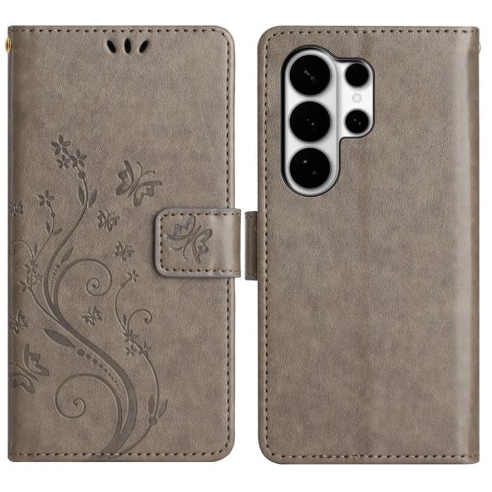 OEM - Samsung Galaxy S26 Ultra Fodral Äkta Läder Fjäril Blomma - Grå