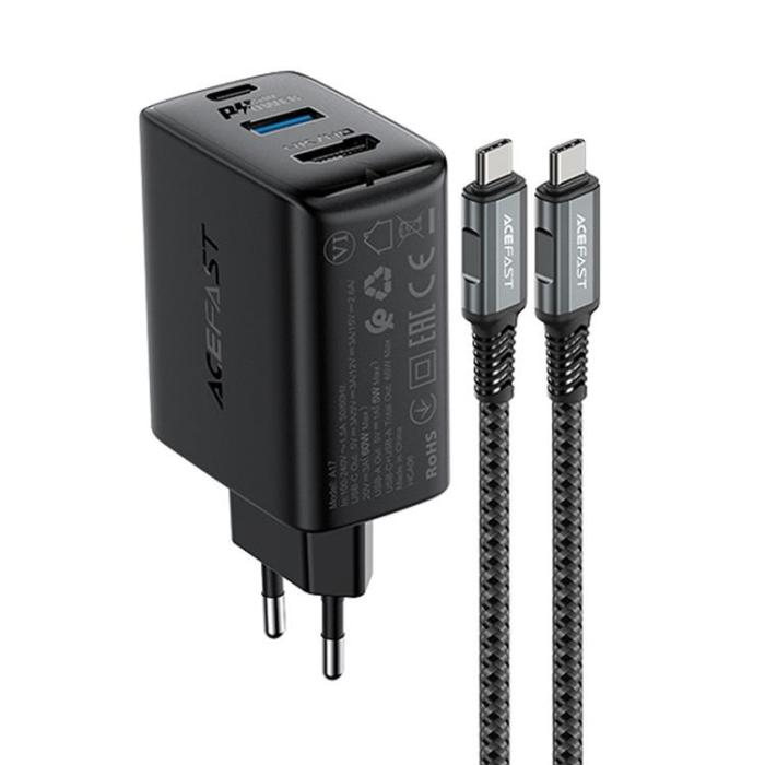 Acefast - Acefast 2in1 Väggladdare 65W USB-A till USB-C till HDMI till USB-C Kabel - Svart