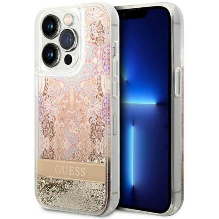 Guess - GUESS iPhone 14 Pro Max Skal Paisley Liquid Glitter - Guld