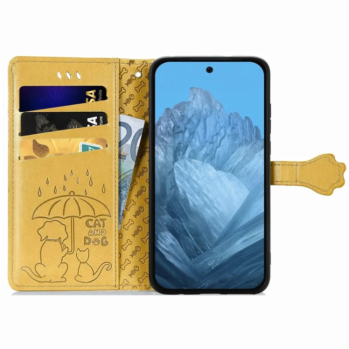 A-One Brand - Google Pixel 10/10 Pro Plånboksfodral Cat Dog Pattern - Gul