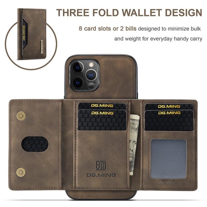 OEM - DG.MING iPhone 12 Pro Max Tri-fold Wallet Med Kickstand - Coffee
