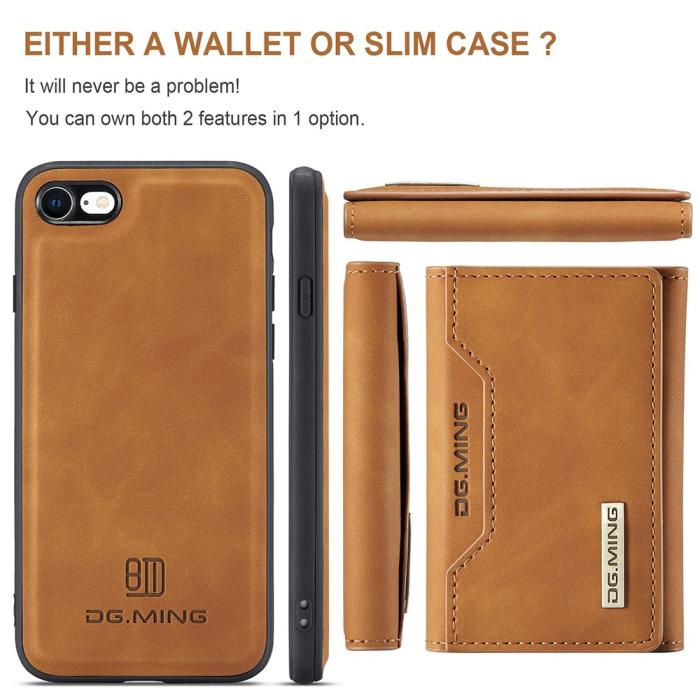DG.MING - iPhone 7/8/SE 2020 Skal DG.MING Magnetic Tri-fold Wallet Med Kickstand - Brun