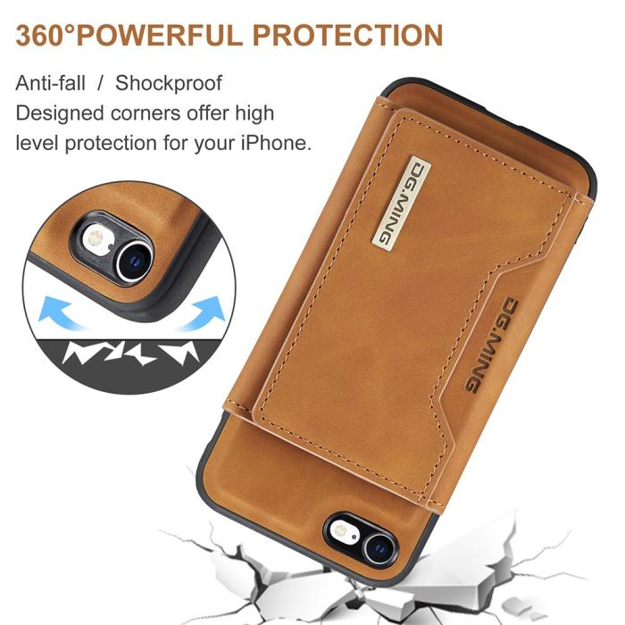 DG.MING - iPhone 7/8/SE 2020 Skal DG.MING Magnetic Tri-fold Wallet Med Kickstand - Brun