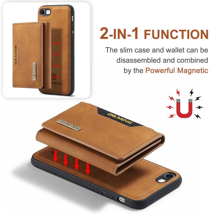DG.MING - iPhone 7/8/SE 2020 Skal DG.MING Magnetic Tri-fold Wallet Med Kickstand - Brun