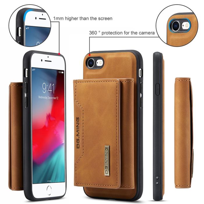 DG.MING - iPhone 7/8/SE 2020 Skal DG.MING Magnetic Tri-fold Wallet Med Kickstand - Brun
