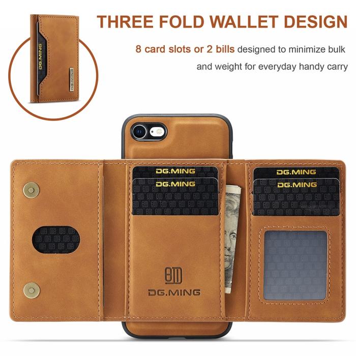 DG.MING - iPhone 7/8/SE 2020 Skal DG.MING Magnetic Tri-fold Wallet Med Kickstand - Brun