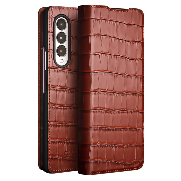 QIALINO Galaxy Z Fold 4 Fodral Äkta Läder Cowhide Crocodile - Brun | 2353 | AlltMobil