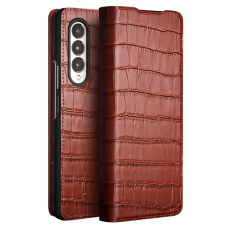 QIALINO - QIALINO Galaxy Z Fold 4 Fodral Äkta Läder Cowhide Crocodile - Brun