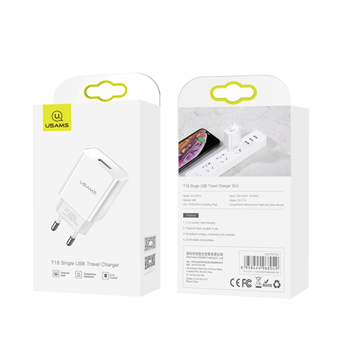 USAMS - USAMS Väggladdare USB-A US-CC075 T18 5V EU - Vit