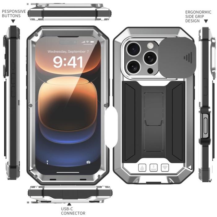 R-JUST - R-JUST Mobilskal till iPhone 16 Pro Max Kickstand Silicone Metall PC Silver