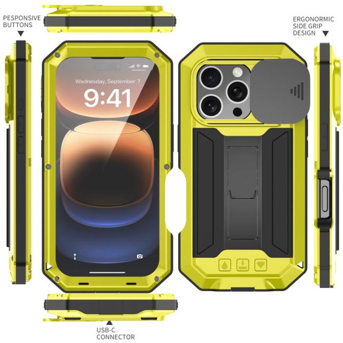 R-JUST - R-JUST Mobilskal till iPhone 16 Pro Max Kickstand Silikon+Metal+PC Gul