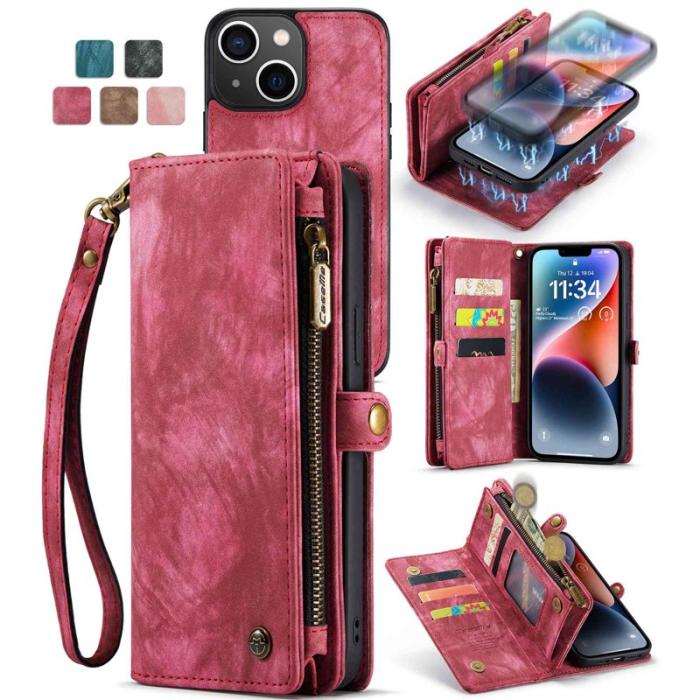 Caseme - CASEME 008 Series 2-in-1 Konstläder Plånboksfodral för iPhone 13 6.1 tum - Röd