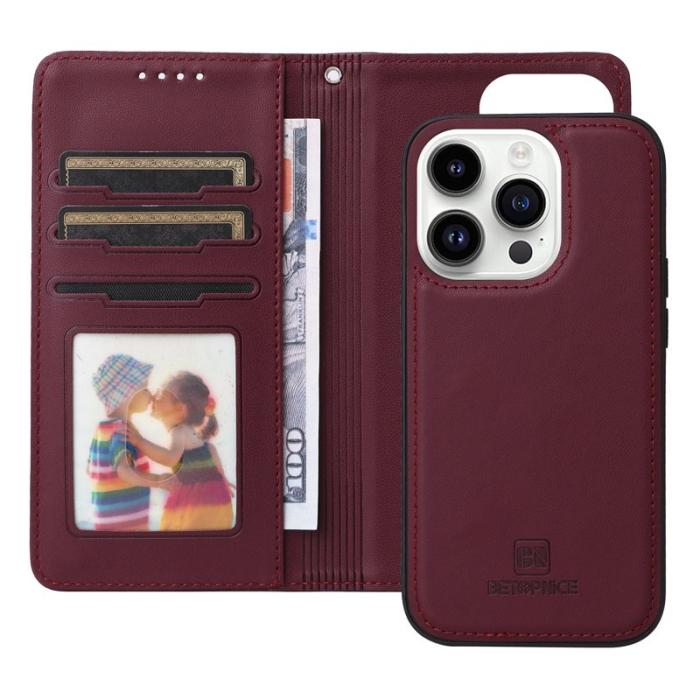 BETOPNICE - BETOPNICE iPhone 14 Pro Max Plånboksfodral Konstläder - Vinröd