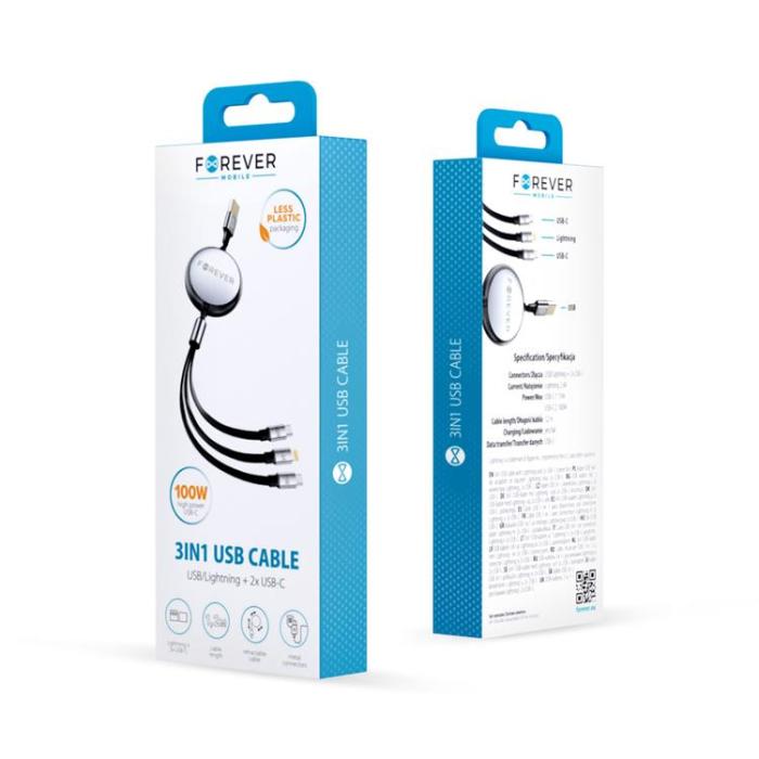 Forever - Forever 3in1 USB/2x USB-C/Lightning 1.2m Kabel 100W - Svart