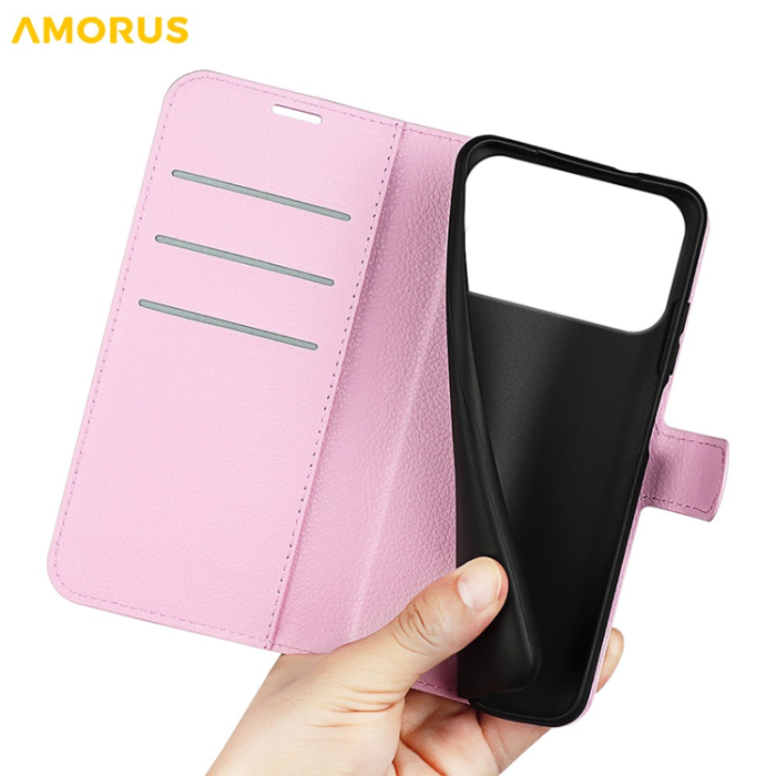 Amorus - AMORUS iPhone 17 Pro Max Plånboksfodral Flipstativ Litchi - Rosa